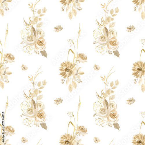 Watercolor seamless pattern of beige flowers, twigs and herbs. Boho floral pattern. Bohemian vintage pattern. Dry flowers and leaves. Pattern for scrapbooking, wrapping, textile