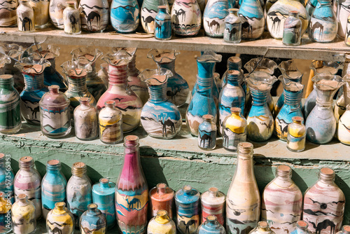 Colorful Handmade Ornaments. Variety of Traditional Egyptian Souvenir. Oriental Bazaar at Nubian Village. Aswan. Egypt. Africa.