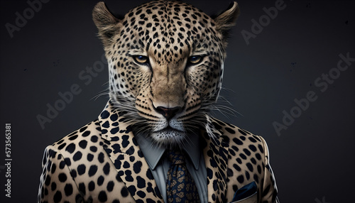 Portrait of pink leopard dressed in a formal business suit on isolated background, stylish modern wallpaper, screensaver. Generative AI