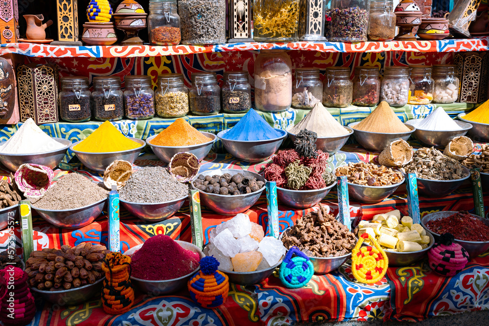 Variety of Spices and Arab Herbs at Traditional Oriental Bazaar at Nubian Village. Aswan. Egypt. Africa.