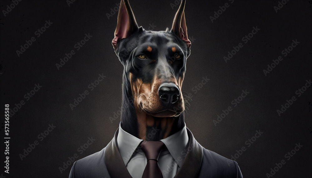 Portrait of a doberman dressed in a formal business suit on isolated