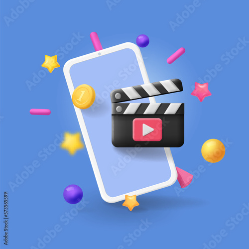 Video blog. Video content creation. Mobile phone film making. Vlog concept. Online streaming. Vector 3d