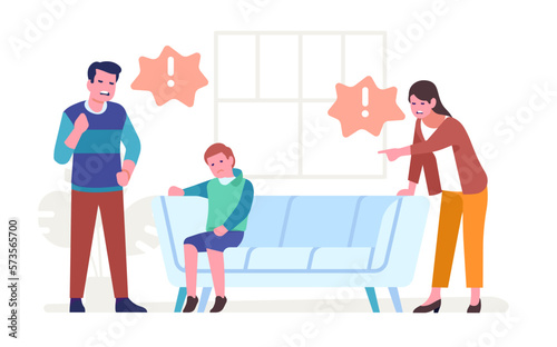 Parents of rapists shouting at frightened little son. Family quarrel. Angry man and woman screaming at upset child. Unhappy kid. Mother and father abuse with teenager. Vector concept