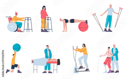 People on physiotherapy. Recovering patients. Restoring mobility. Doctor helps injured persons. Hospital gym. Men and women exercising. Treatment workout. Vector medical training set