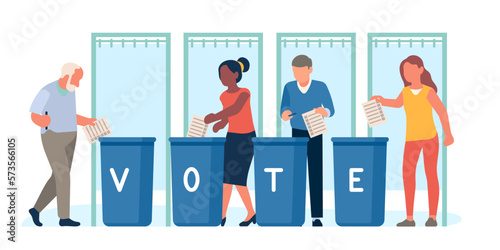 People put ballots in boxes. Citizens elect president. Political candidate choice. Confidential vote. Voting questionnaire. Balloting container. Presidential election. Vector concept