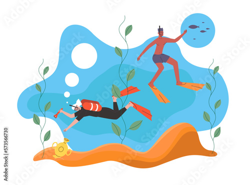 Sea diving. Funny guy and girl engaged scuba diving. Active water recreation. Treasure hunt on seabed. Underwater immersion. Man and woman snorkeling. Undersea swimming. Vector concept