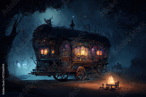 Wooden, tiny home on wheels. Fantasy AI Generative illustration