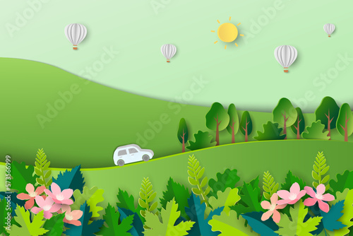 Travel with nature scenery on springtime,colorful trees and leaves with blooming flowers on paper cut and craft background