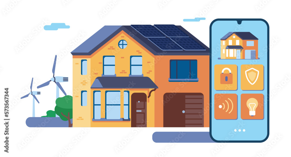 Smart home control system. Phone application. Wireless house monitoring. Modern technology. Security management. Residential building with solar panels and windmills. Vector concept