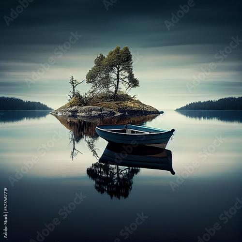 A Lonely Boat on a Calm Lake and mountains landscape. Beautiful scenery. Generative AI illustration  © CK