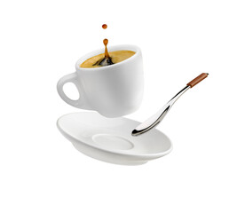 Cup of coffee with a splash drop fly with saucer and spoon on transparent background