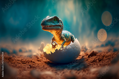 A cute and sweet baby dinosaur breaks his egg in this touching dinosaur-era birth, offering emotionally charged graphics. Generative AI © XaMaps