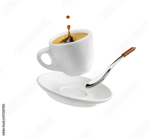 Obraz Cup of coffee with a splash drop fly with saucer and spoon on transparent background