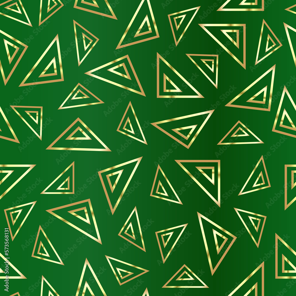 Golden triangles on a green background. Green abstract drawing. Duplicate abstract seamless pattern