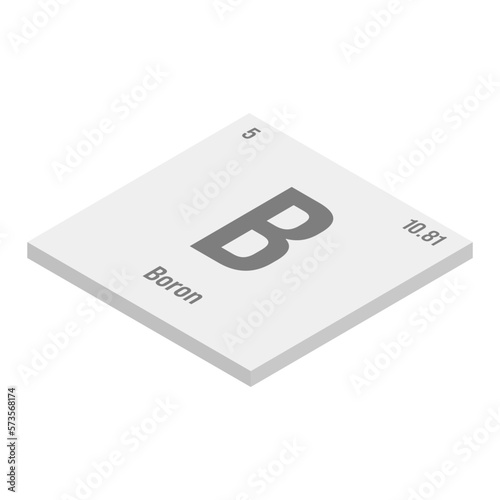 Boron, B, gray 3D isometric illustration of periodic table element with name, symbol, atomic number and weight. Metalloid with various industrial uses, such as in fiberglass, ceramics, and as a photo