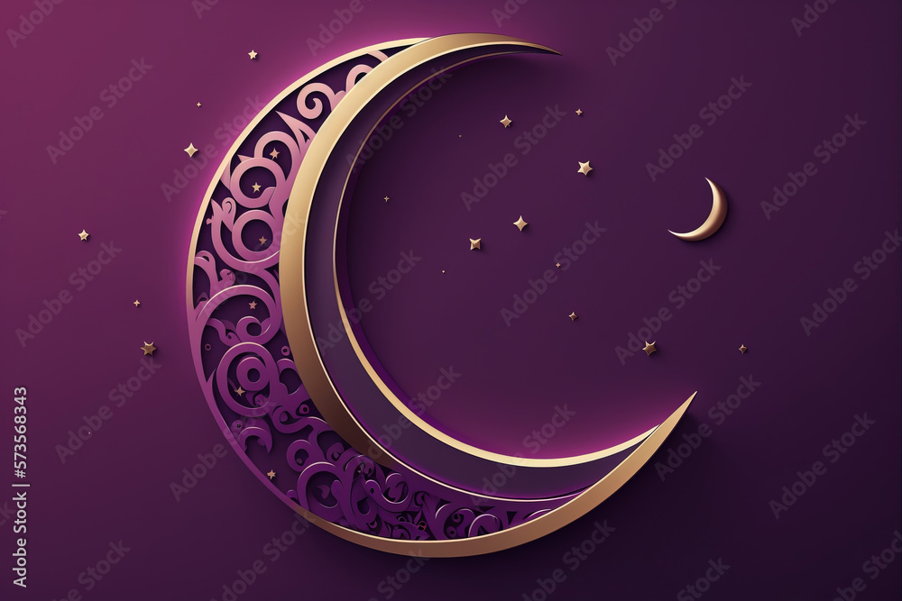 Fototapeta premium Ramadan greeting card. AI generative illustration of a crescent moon on brown background