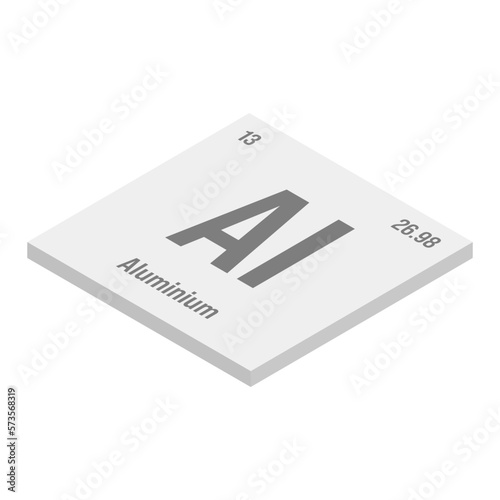 Aluminum, Al, gray 3D isometric illustration of periodic table element with name, symbol, atomic number and weight. Lightweight metal commonly used in construction, packaging, and transportation