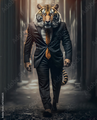 Tiger as a successful, confident businessman on the business or bank street. Generative AI. photo