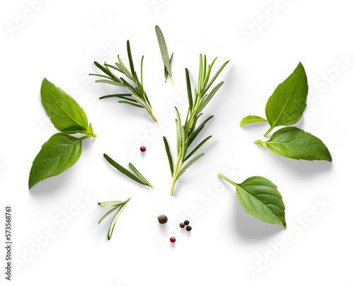 Fresh basil, rosemary leaves and peper isolated on white background. With clipping path. Transparent background and natural transparent shadow; Ingredient, spice for cooking. PNG