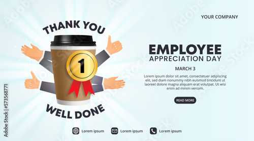 Employee appreciation day background with a cup of coffee and clapping hands of employees
