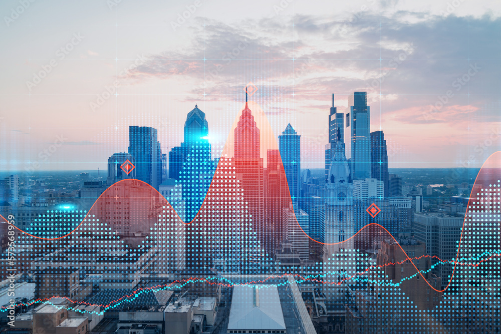 Skyscrapers Cityscape Downtown View, Philadelphia Skyline Buildings. Beautiful Real Estate. Sunset. Forex Financial graph and chart hologram. Business education concept. - obrazy, fototapety, plakaty 