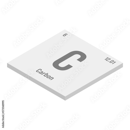 Carbon, C, gray 3D isometric illustration of periodic table element with name, symbol, atomic number and weight. Non-metal with a wide range of industrial uses, such as in carbon fiber, fuel cells