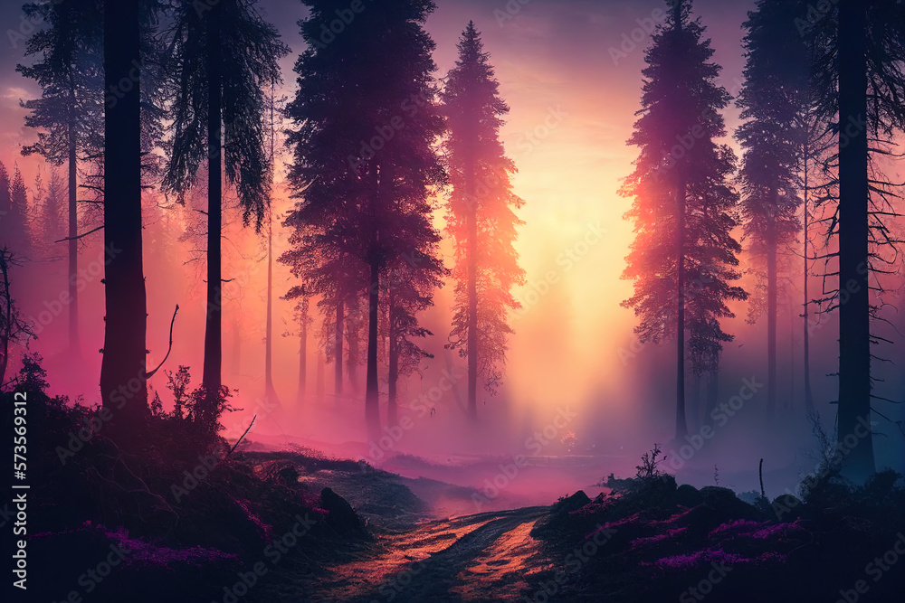 A misty forest with a colorful sunrise created with Generative AI