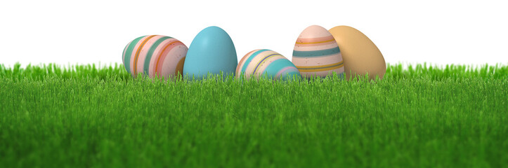 Colorful stripes decorated easter eggs in natural green spring grass lawn isolated