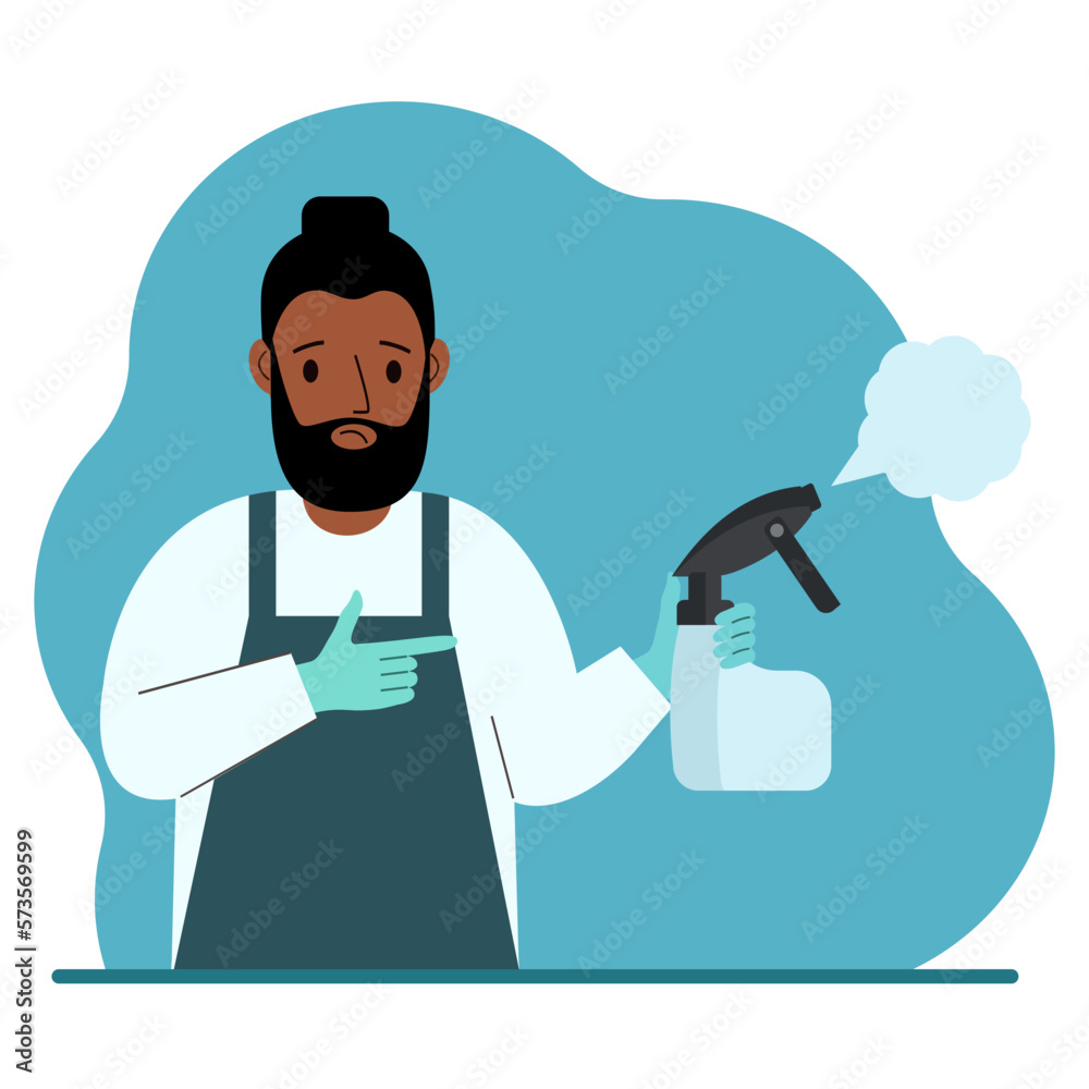 A man in gloves holds a spray bottle with disinfectant liquid, antiseptic or detergent. Home disinfection and hygiene.
