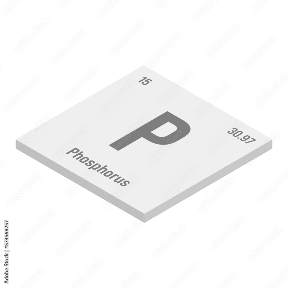 Phosphorus, P, gray 3D isometric illustration of periodic table element with name, symbol, atomic number and weight. Non-metal with various industrial uses, such as in fertilizer, detergents, and as a Phosphorus, P, gray 3D isometric illustration of periodic table element with name, symbol, atomic number and weight. Non-metal with various industrial uses, such as in fertilizer, detergents, and as a