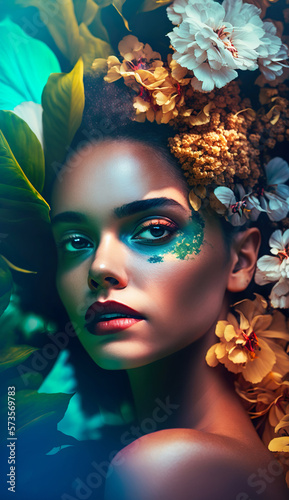 Beautiful Woman - Portrait Photoshoot Aesthetic - Floral - Spring - Realistic Illustration - Generative AI