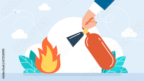 Red metal fire extinguisher. Fireman hold in hand extinguisher. Fire safety equipment. The concept of careful handling of fire. Portable fire-fighting unit on white background. Vector illustration