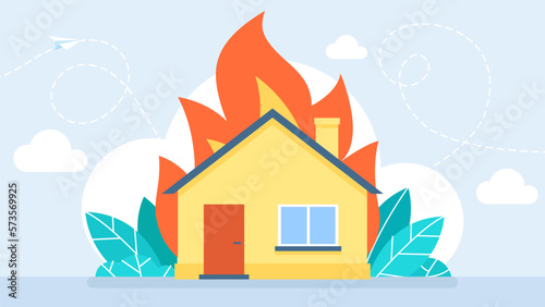 Fire Insurance. Fire in house, burning cottage, flame with long tongues in real estate building residential dwelling. Home insurance. Dangerous accident at home. Vector Illustration. Flat style.