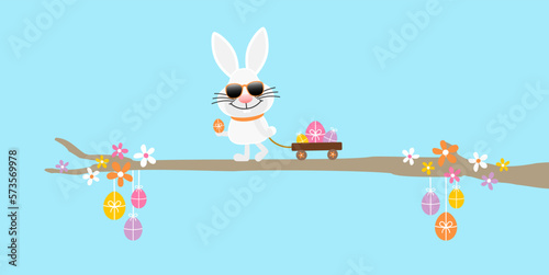 Banner Weißer Osterhase Mit Bollerwagen Sonnenbrille Baum Himmel Blau