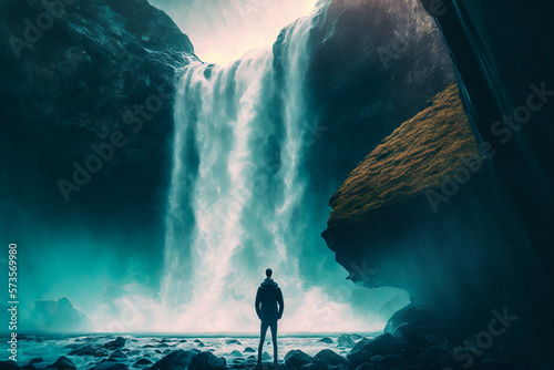 Realistic cold tones to admire the strength and beauty of nature through renewable energy options: come and discover this waterfall. Generative AI