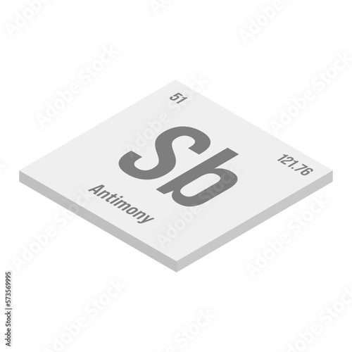 Antimony, Sb, gray 3D isometric illustration of periodic table element with name, symbol, atomic number and weight. Metalloid with various industrial uses, such as in flame retardants, batteries, and