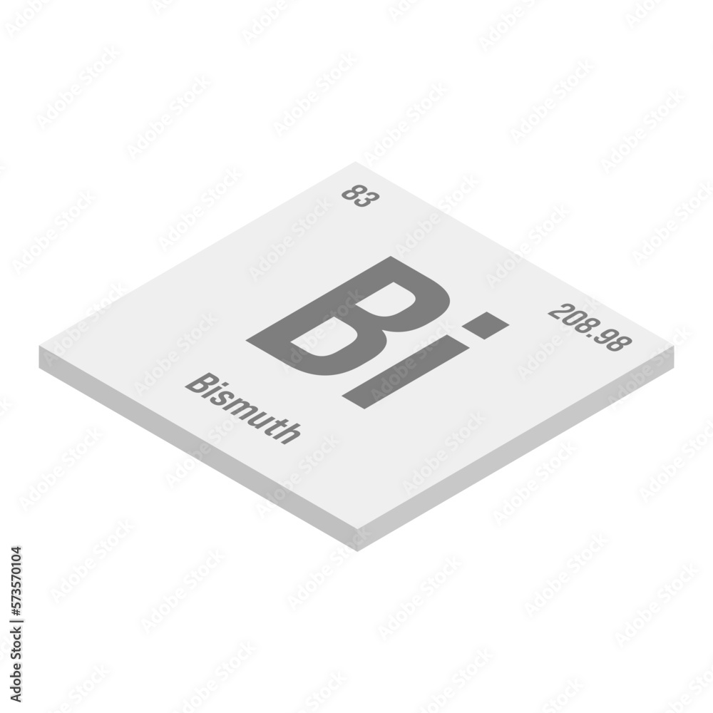 Bismuth, Bi, gray 3D isometric illustration of periodic table element with name, symbol, atomic number and weight. Heavy metal with various industrial uses, such as in cosmetics, alloys, and as a Bismuth, Bi, gray 3D isometric illustration of periodic table element with name, symbol, atomic number and weight. Heavy metal with various industrial uses, such as in cosmetics, alloys, and as a