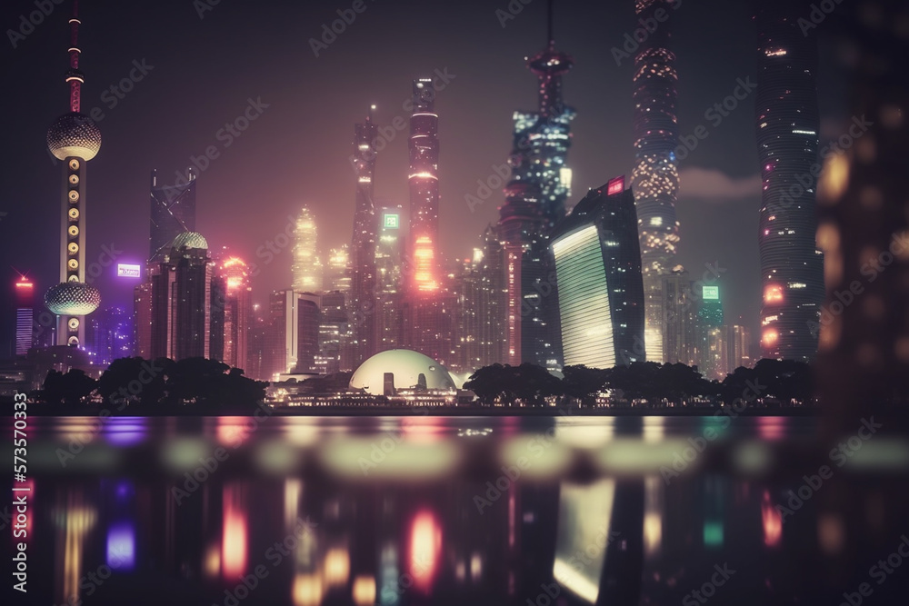 A nighttime view of the modern and futuristic skyline of Shanghai in China, with the city lights shimmering on the water, travel photography