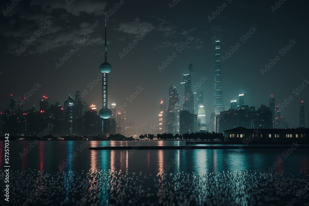 A nighttime view of the modern and futuristic skyline of Shanghai in China, with the city lights shimmering on the water, travel photography