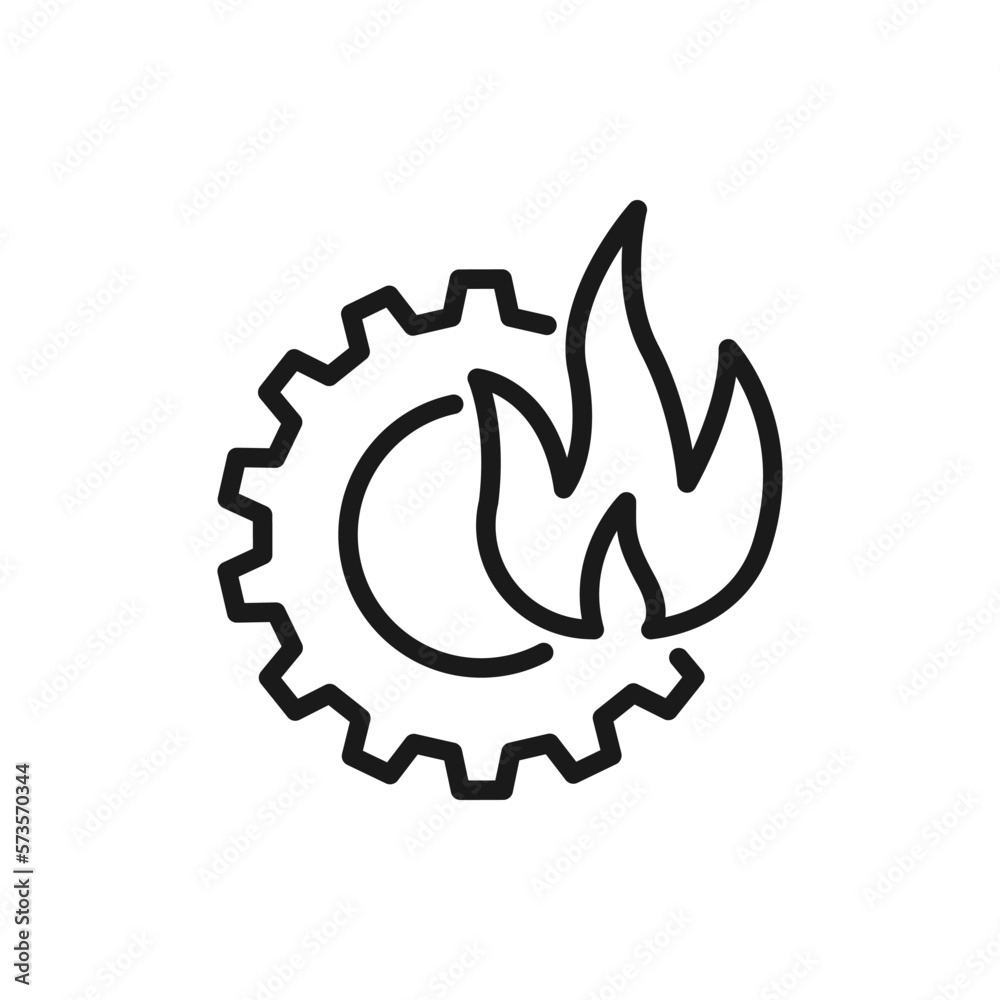 Gear and fire. Engine burning icon line style isolated on white background. Vector illustration Gear and fire. Engine burning icon line style isolated on white background. Vector illustration