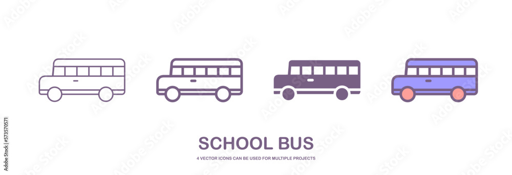 Four different styles of school bus vector icons that can be used for many projects, like web design, app etc. which is isolated on a white background. Four different styles of school bus vector icons that can be used for many projects, like web design, app etc. which is isolated on a white background.