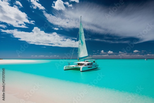 un catamaran en train de flotter sur une mer calme et turquoise juste à côté d'une plage de sable blanc - illustration ia