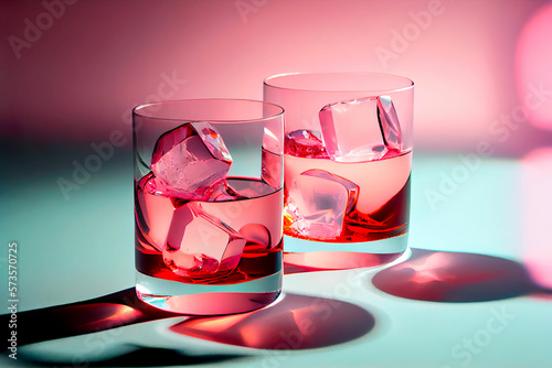 Two beautiful pink cocktails with contrast light and copy space. Generative AI.