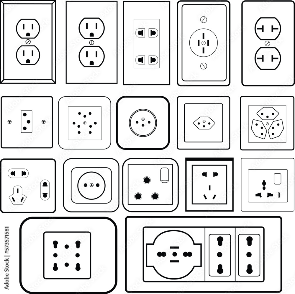 Charging socket types. Set of power socket vector. Country electrical
