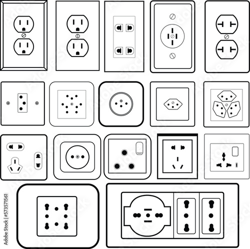 Set of power socket vector. Country electrical access outlet standards,