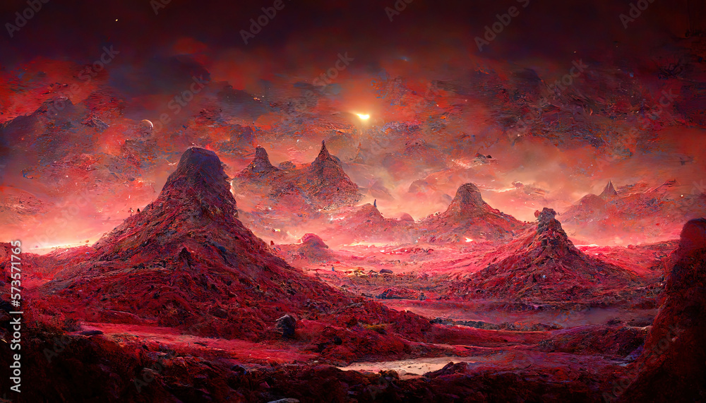 Original Landscape of an unexplored planet, A fantasy mountain with a hidden cave and a plasma red sky. Generative Ai