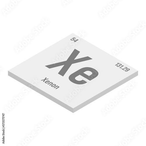 Xenon, Xe, gray 3D isometric illustration of periodic table element with name, symbol, atomic number and weight. Inert gas with various scientific uses, such as in certain types of lighting and as a