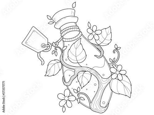 Vintage jar entwined with ivy. Children coloring book, black lines on a white background.