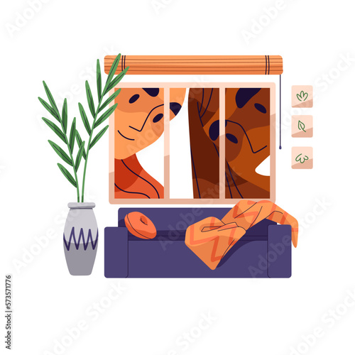 Family couple choosing, searching, buying apartment. Happy man and woman looking for house, finding cozy dream home. Real estate concept. Flat vector illustration isolated on white background