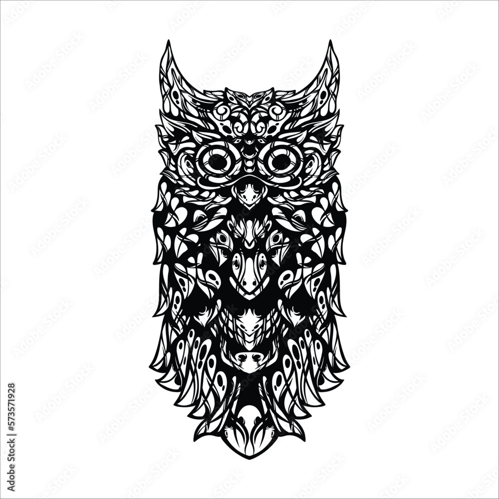 Fototapeta premium black and white tribal decorative owl pattern tattoo